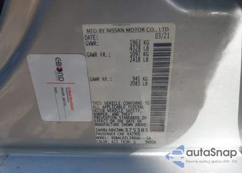 2021 Nissan Altima S Fwd z USA, uszkodzony, nr VIN 1N4BL4BV2MN375385